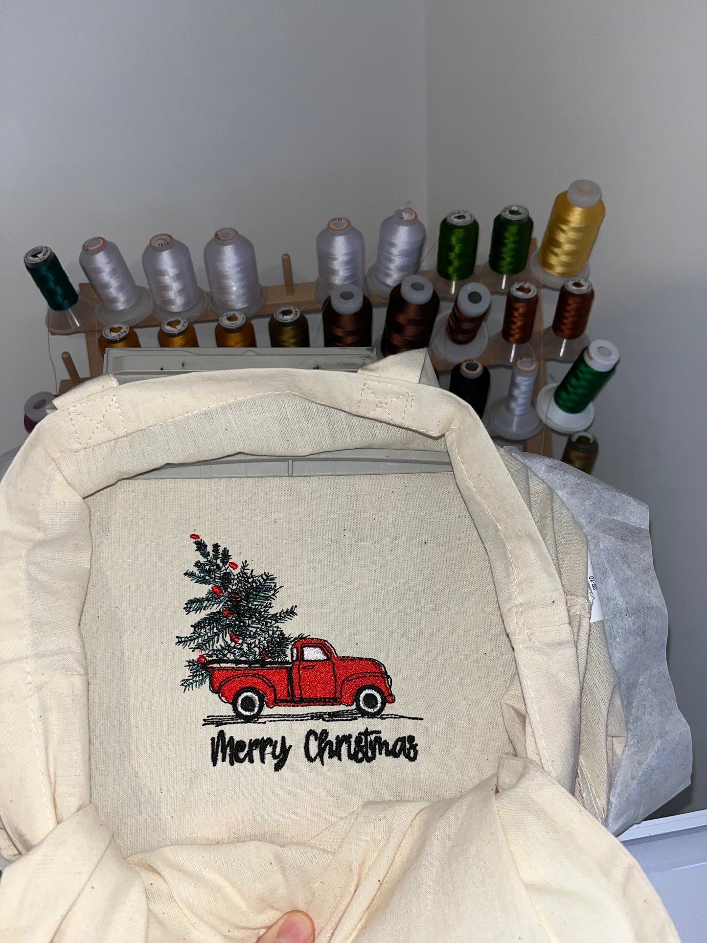 Merry Christmas Tree Truck Tote Bag