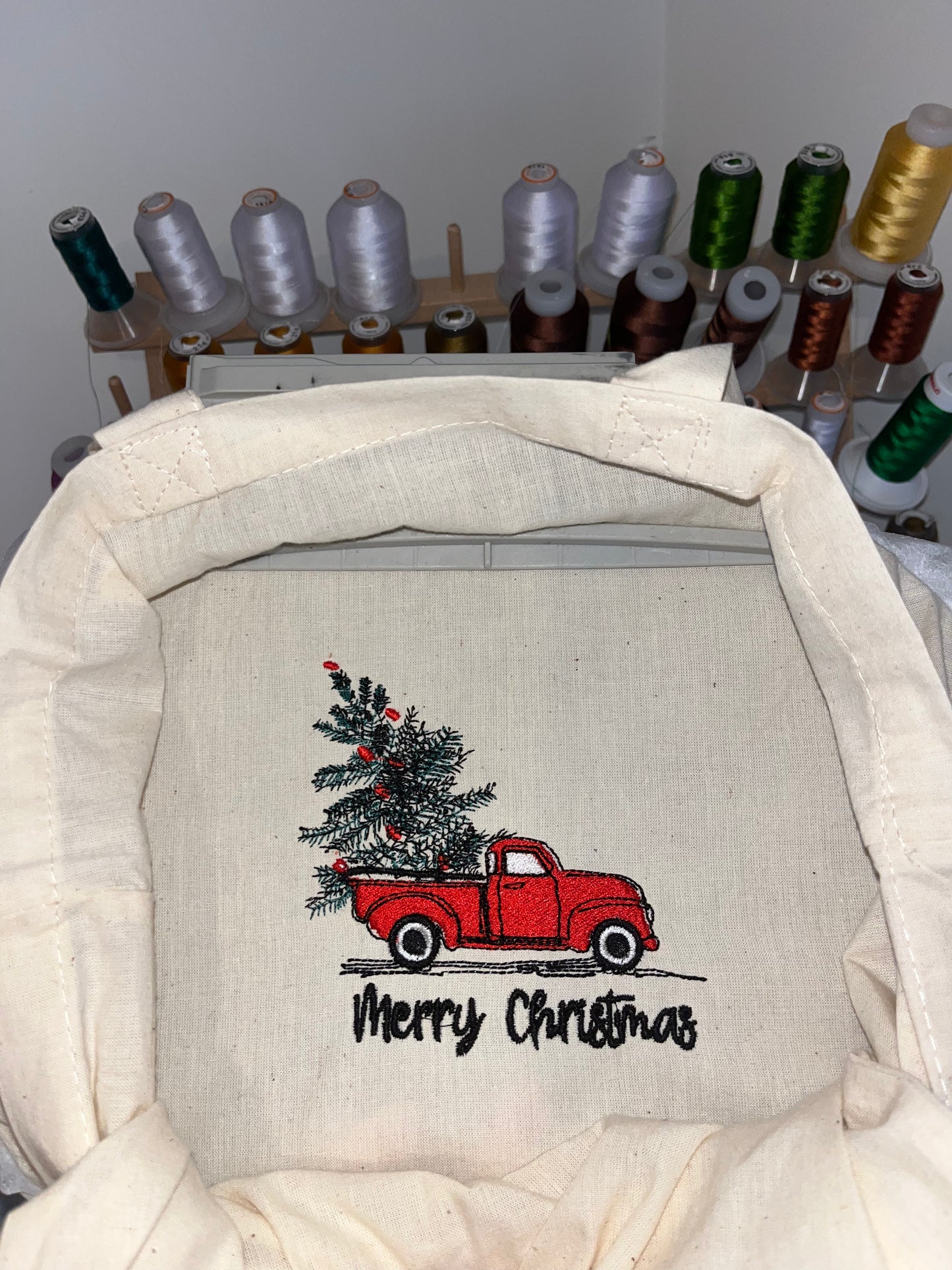 Merry Christmas Tree Truck Tote Bag
